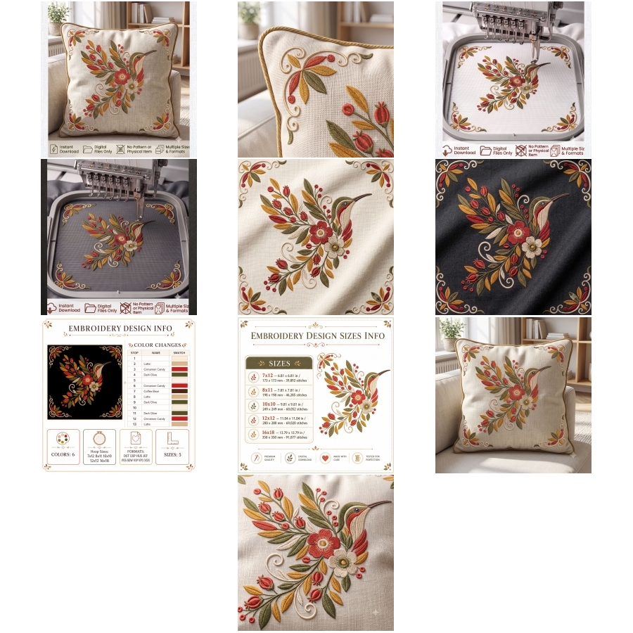 Hummingbird Floral Pillow Botanical Bird Cushion