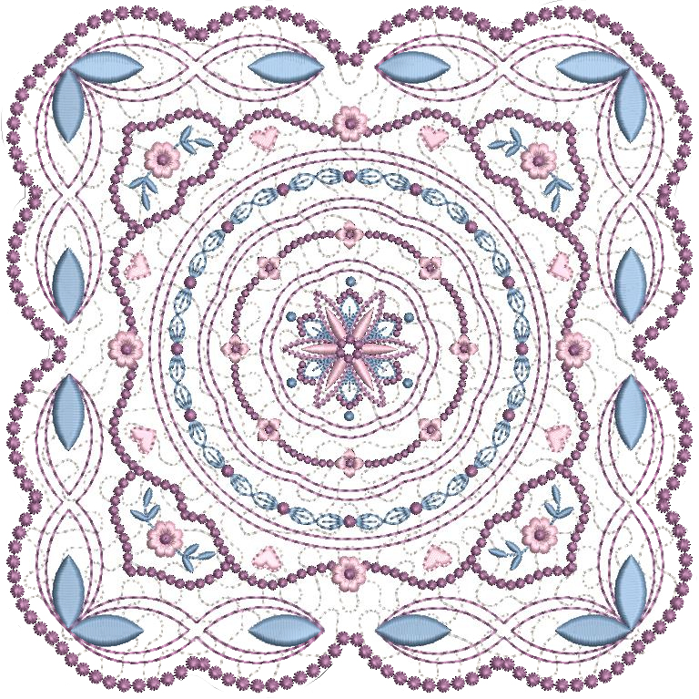Design 1:  8x8 inch (200x200mm) candlewicking quilt block, very charming embroidery, easy to stitch.