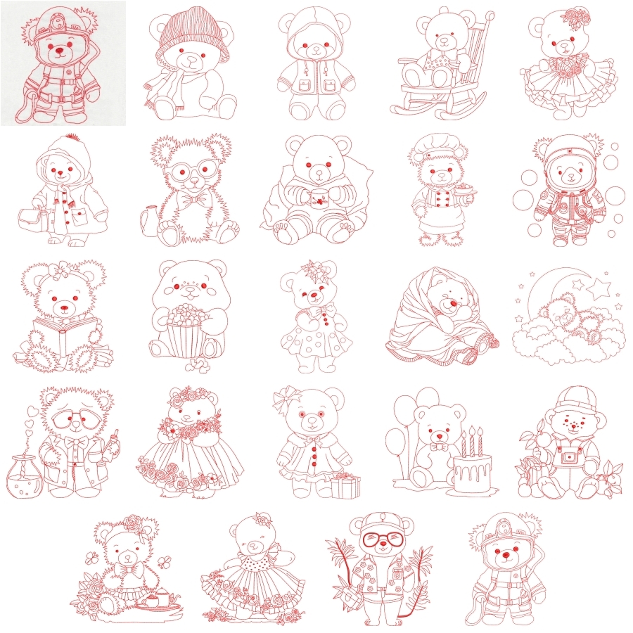 All Teddy Bear Family and Friends Redwork Value Set