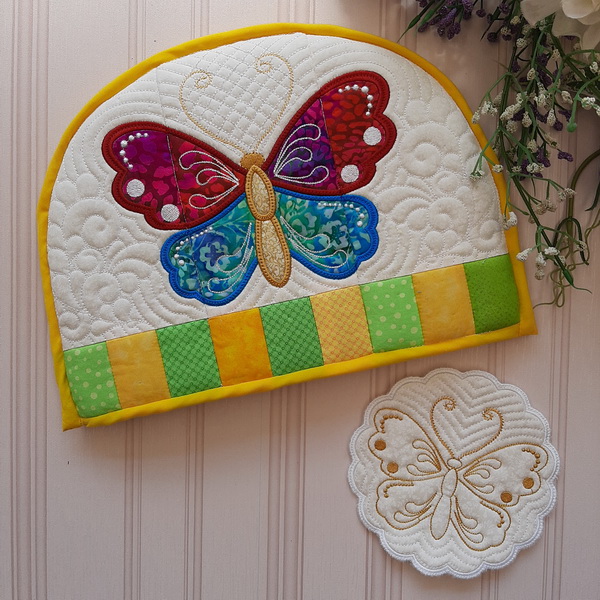 IHQ Butterfly Tea-cosy and Trivet, quilted tea-cosy and trivet embroidery project