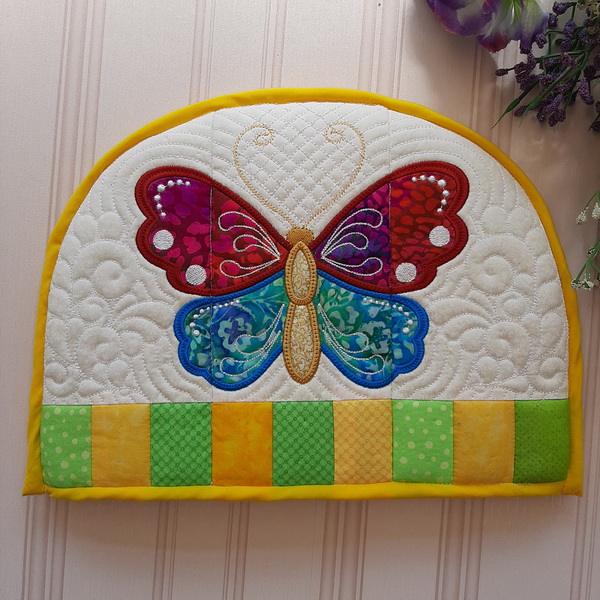 IHQ Butterfly Tea-cosy and Trivet, quilted tea-cosy and trivet embroidery project