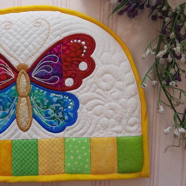 IHQ Butterfly Tea-cosy and Trivet, quilted tea-cosy and trivet embroidery project