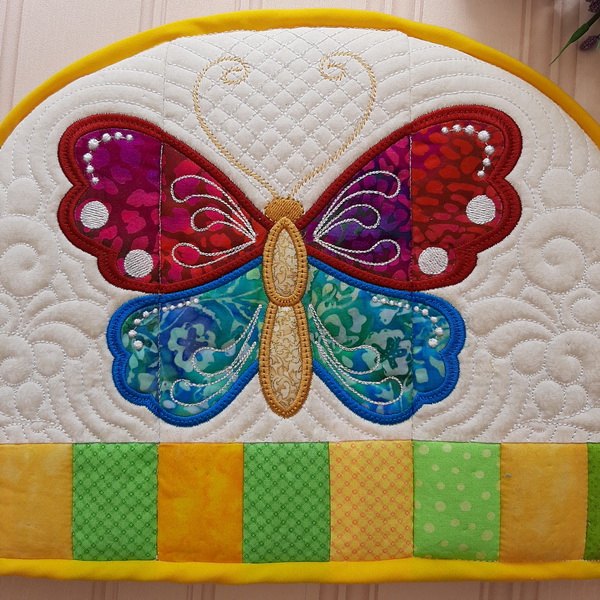 IHQ Butterfly Tea-cosy and Trivet, quilted tea-cosy and trivet embroidery project