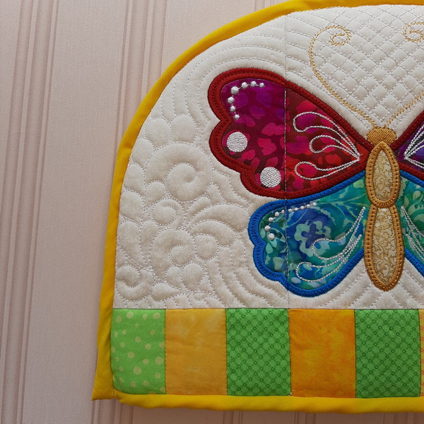 IHQ Butterfly Tea-cosy and Trivet, quilted tea-cosy and trivet embroidery project