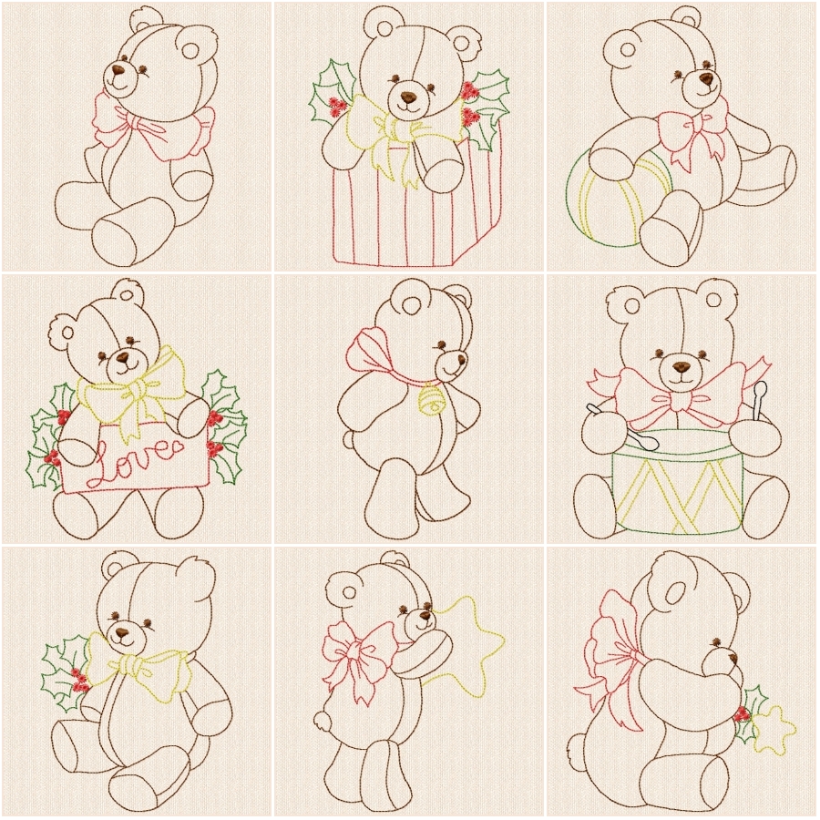 Redwork Christmas Teddies 