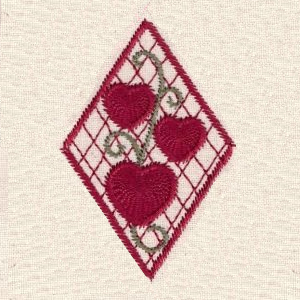 JHB Creations, diamong shape with 3 hearts inside and cross hatch background, 4x4