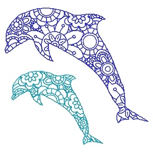 Sublime Embroidery, decorative dolphin and baby dolphin, intricate pattern on the dolphins