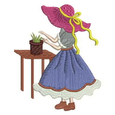 Windbell Embroidery, bonnet girl with table and plant