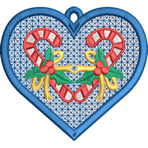 Embroidery Playground heart with candy canes ornament