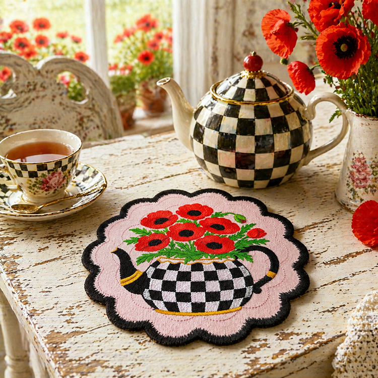 ITH Checkered Teapot With Poppies Coaster