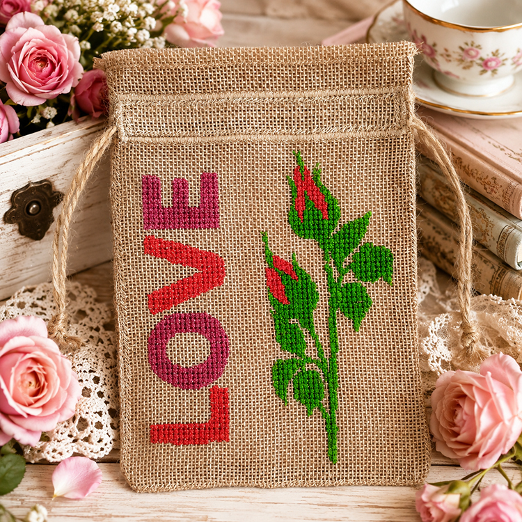 ITH Burlap Drawstring Bag With Rose