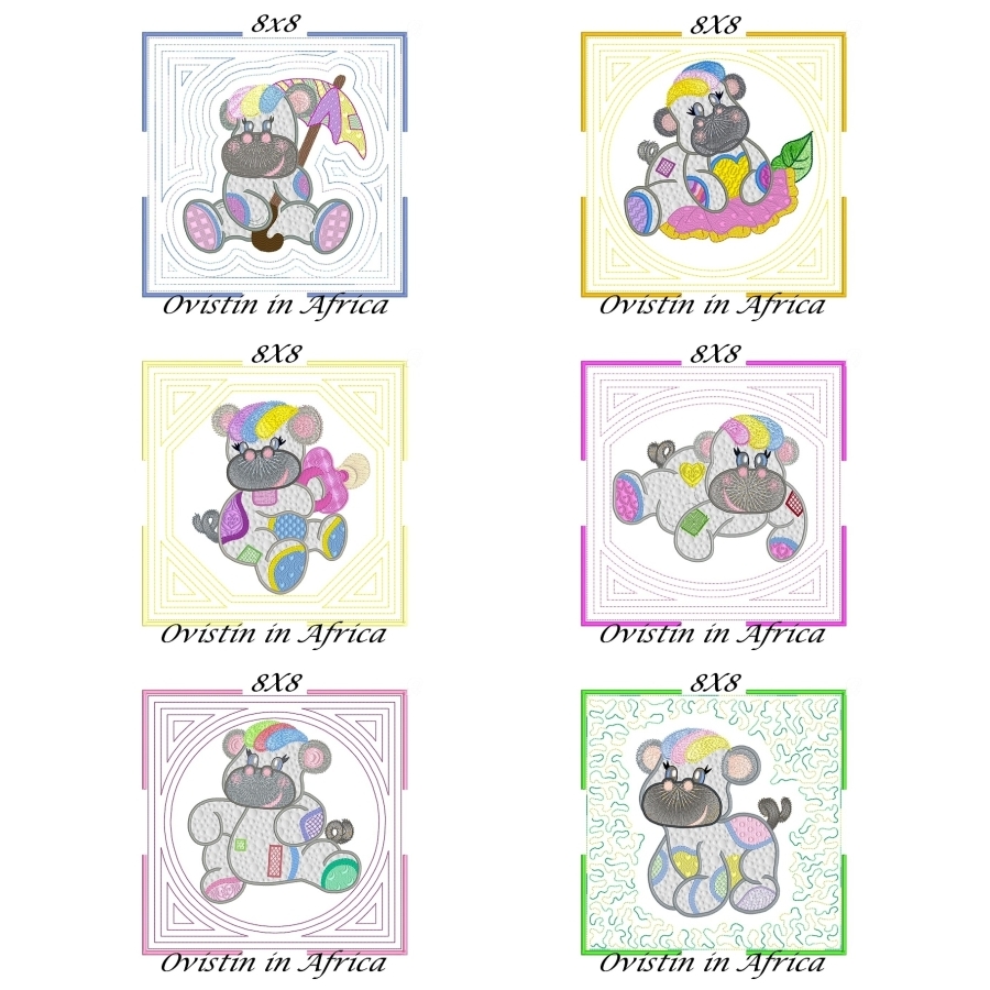 Applique Echo Baby Hippos Quilt Blocks 8x8
