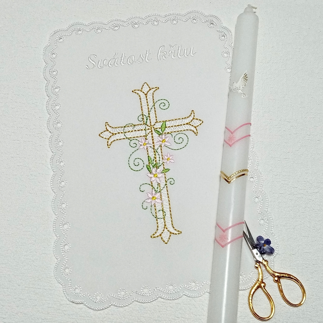 cross religion church christening flower floral violet golden silver ornament decoration 