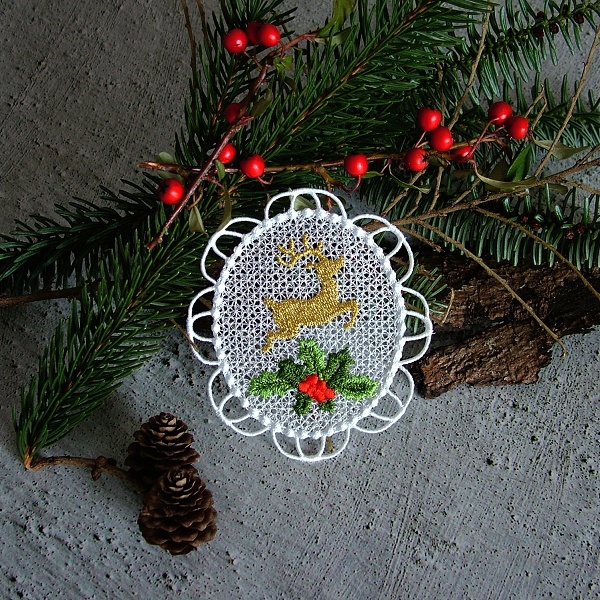 christmas lace FSL free-standing laces tree holly candle jingle bell reindeer ball bauble decoration ornament poinsettia rose