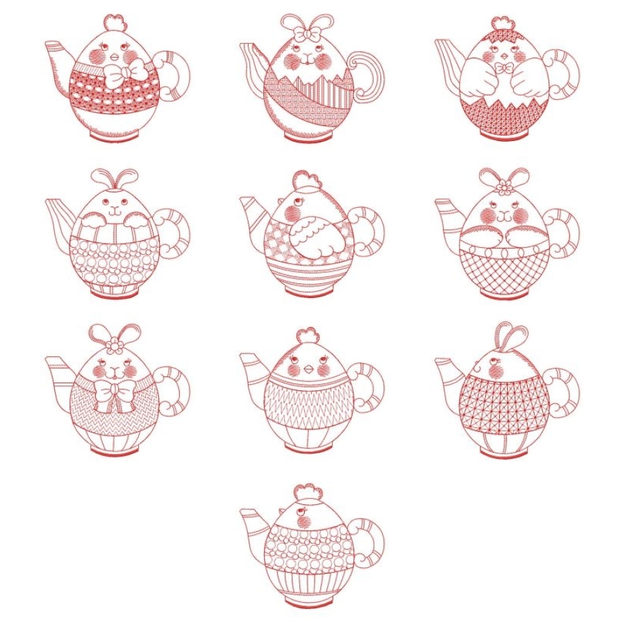 Redwork Easter Teapots 