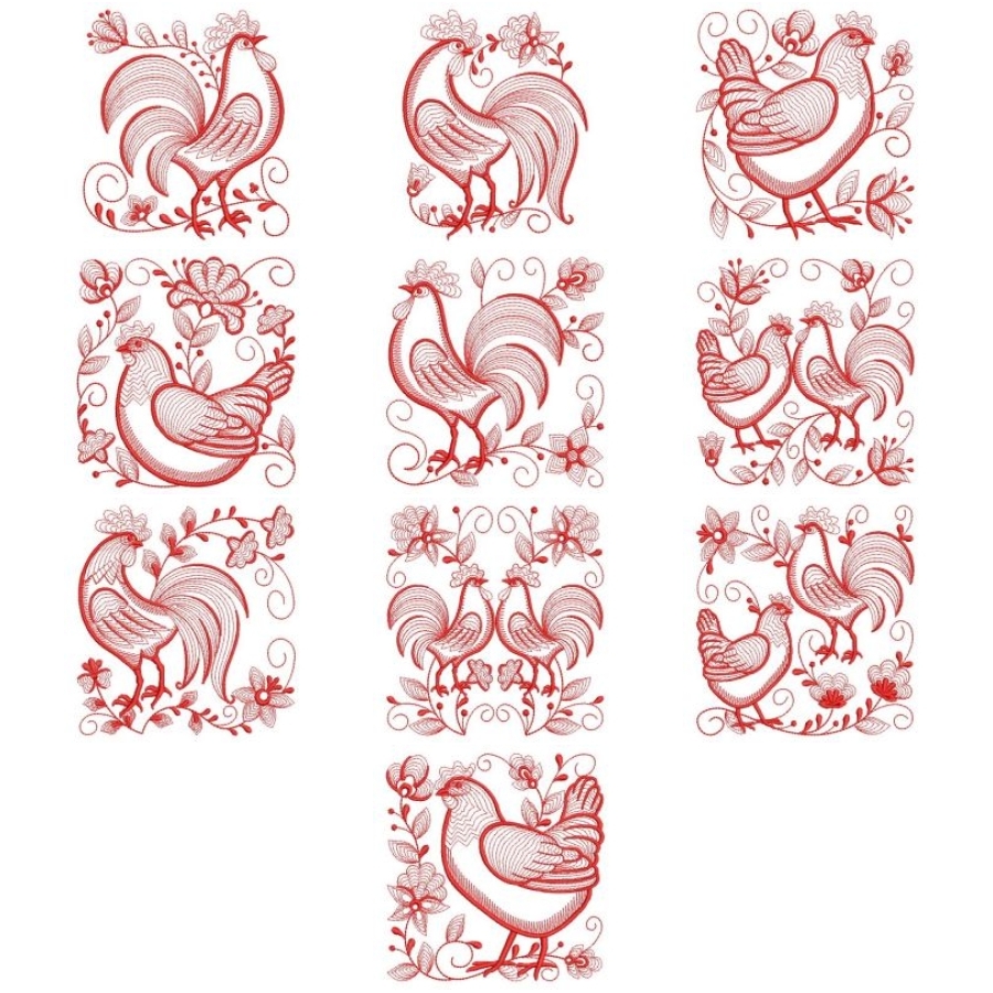 Redwork Rooster and Hen