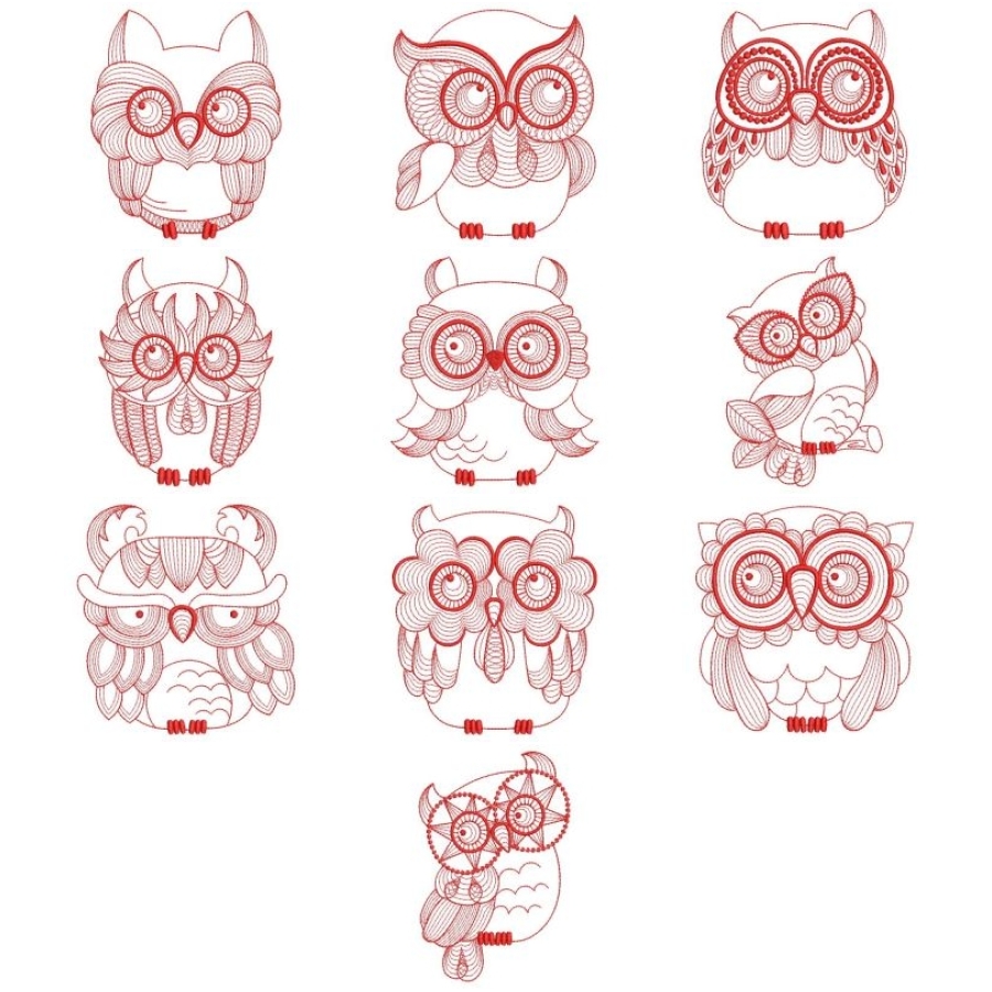 Redwork Rippled Owls 1