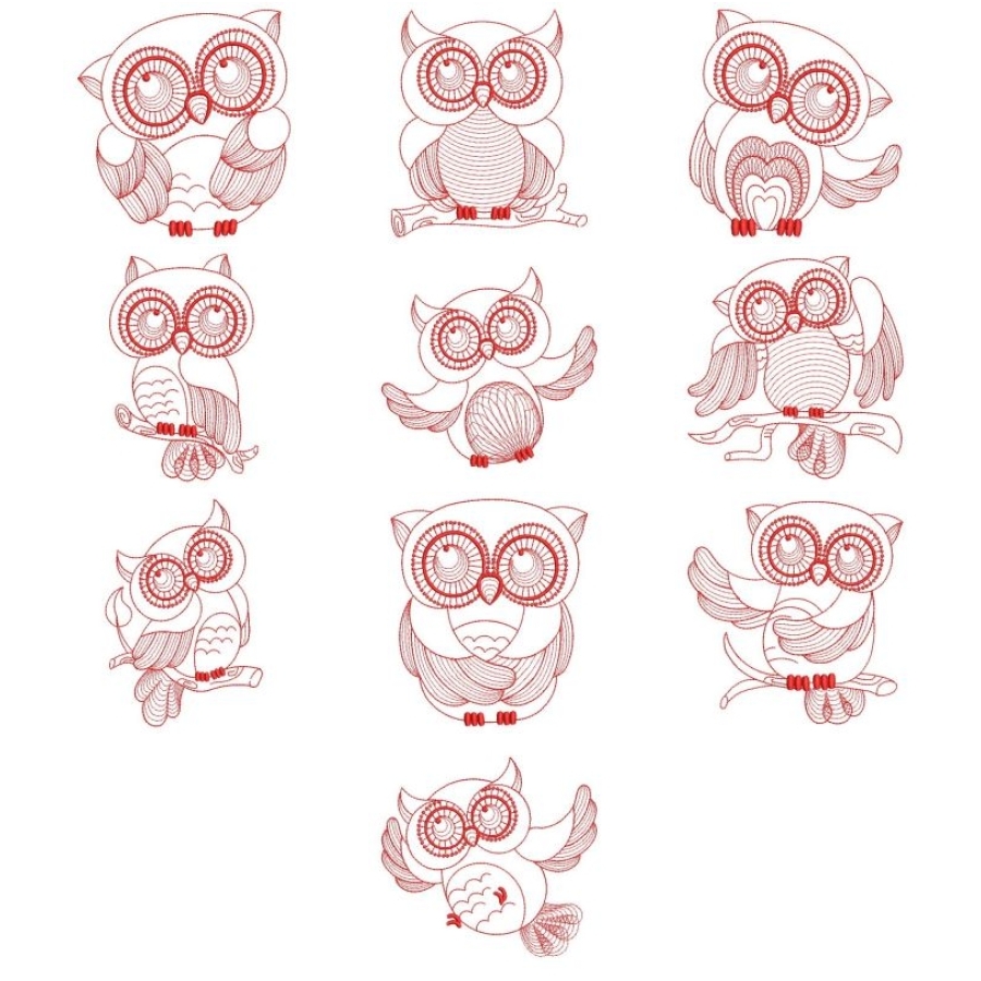 Redwork Rippled Owls 2