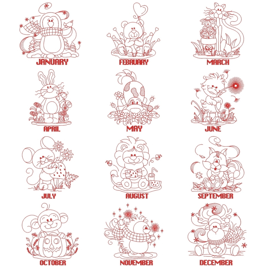 Redwork 12 Months of Animals