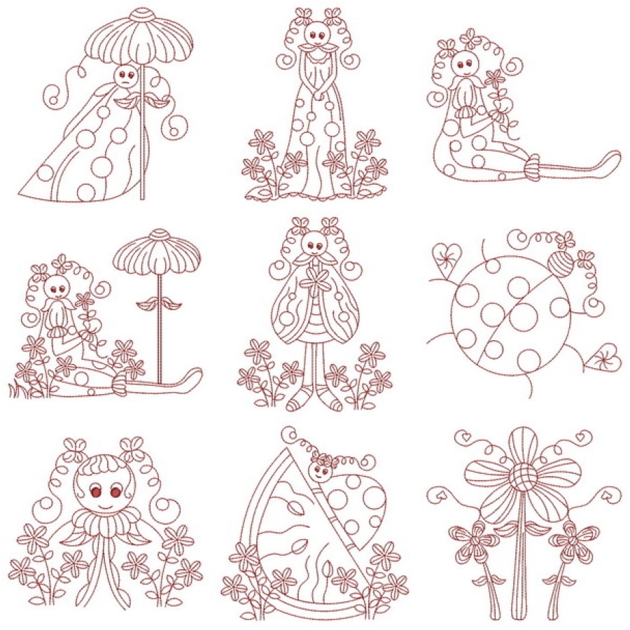 Redwork Country Ladybugs