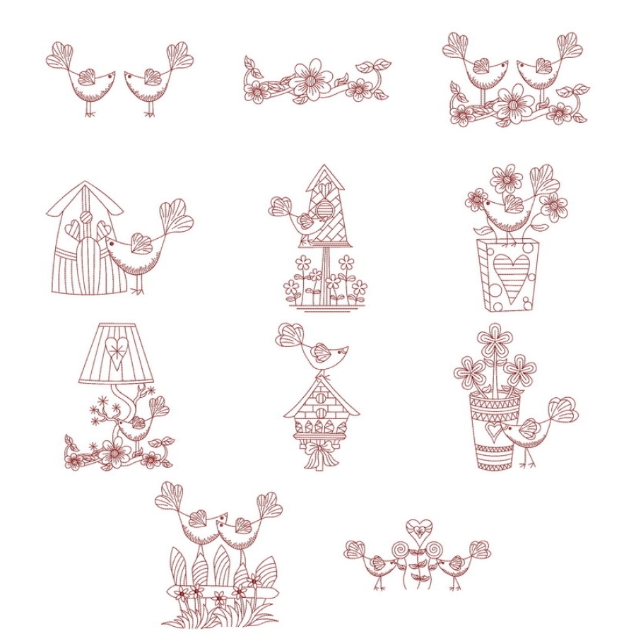 Redwork Country Birds