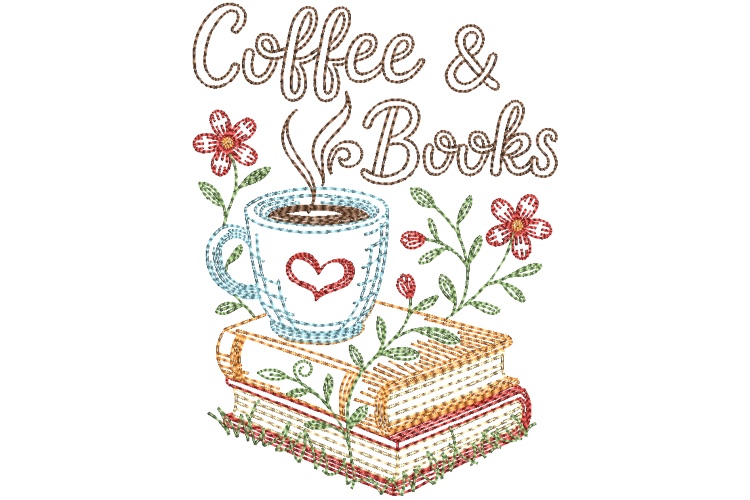 Coffee & Books Embroidery Design