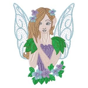 Kreative Kiwi Embroidery, pretty fairy filled embroidery design with tall blue wings, purple dress, 