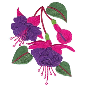 Aljay Designs, machine embroidery, purple and pink fuchsia blossoms with green leaves, flowers, fill