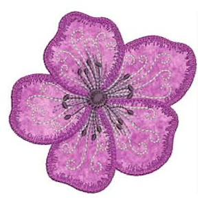 Allsorts Embroidery, purple 5 petal applique flower w embroidery outlined n shaded edges, black pist