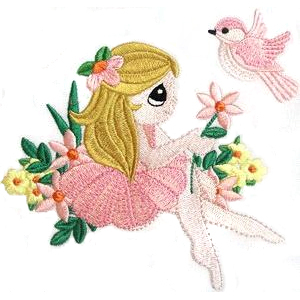 Dainty Stitches, machine embroidery design, fill stitch, girl or fairy sits in flowers, holding dais
