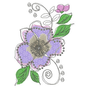 Allstitch, fanciful sketched purple flower, green leaves, gray scrolls, candlewicking, line drawn w 