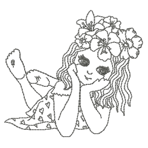 Designs By Celeste, linework, redwork, big eyed fairy or girl, flowers n hair, lying on stomach, lea
