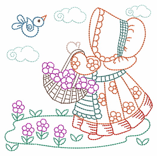 Ace Points, colorwork sunbonnet with basket, flowers and bird