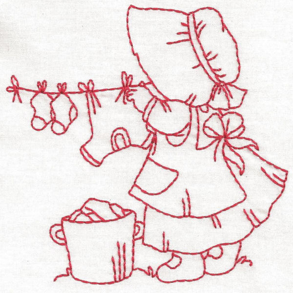 Embroidery Playground, redwork sunbonnet hanging close on a line