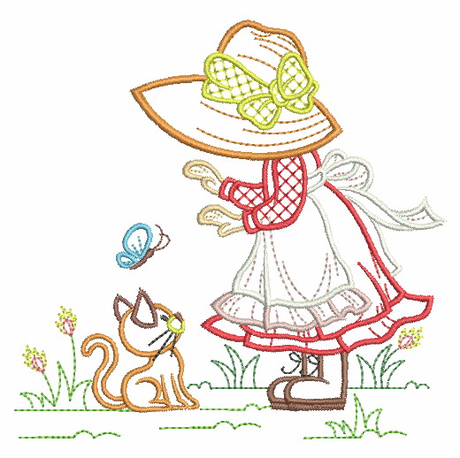 Sweet Heirloom Embroidery, sunbonnet with kitten