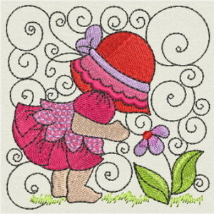 Wind Bell Embroidery, sunbonnet leaning down to smell a flower