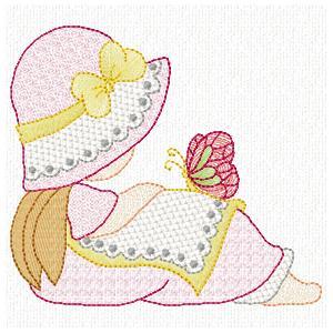 Pams Designs, sunbonnet sitting with legs up with butterfly on knee
