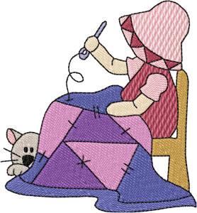 Dancing Needle, sunbonnet stitching a quilt on her lap