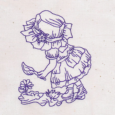 Zaris Embroidery Delights, redwork sunbonnet working in garden