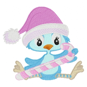 cute blue baby bird in santa hat holding candy cane embroidery design