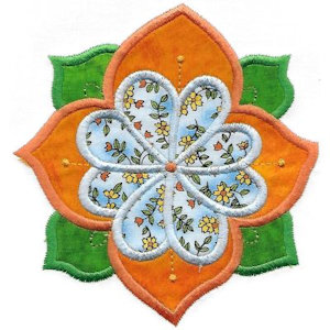 applique flower with leaves, 4 large petals and 8 petals in center