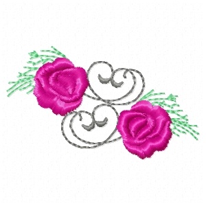 2 roses with scrolls and lacy leaves