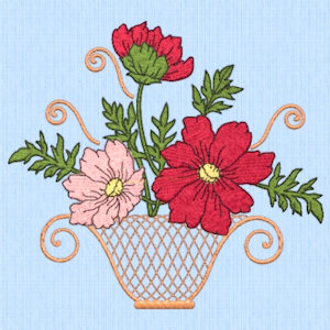 the silk pincushion, basket of pink and red poppies