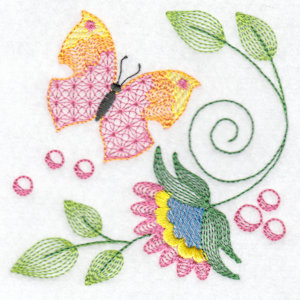 hennessy embroidery, butterfly and flower